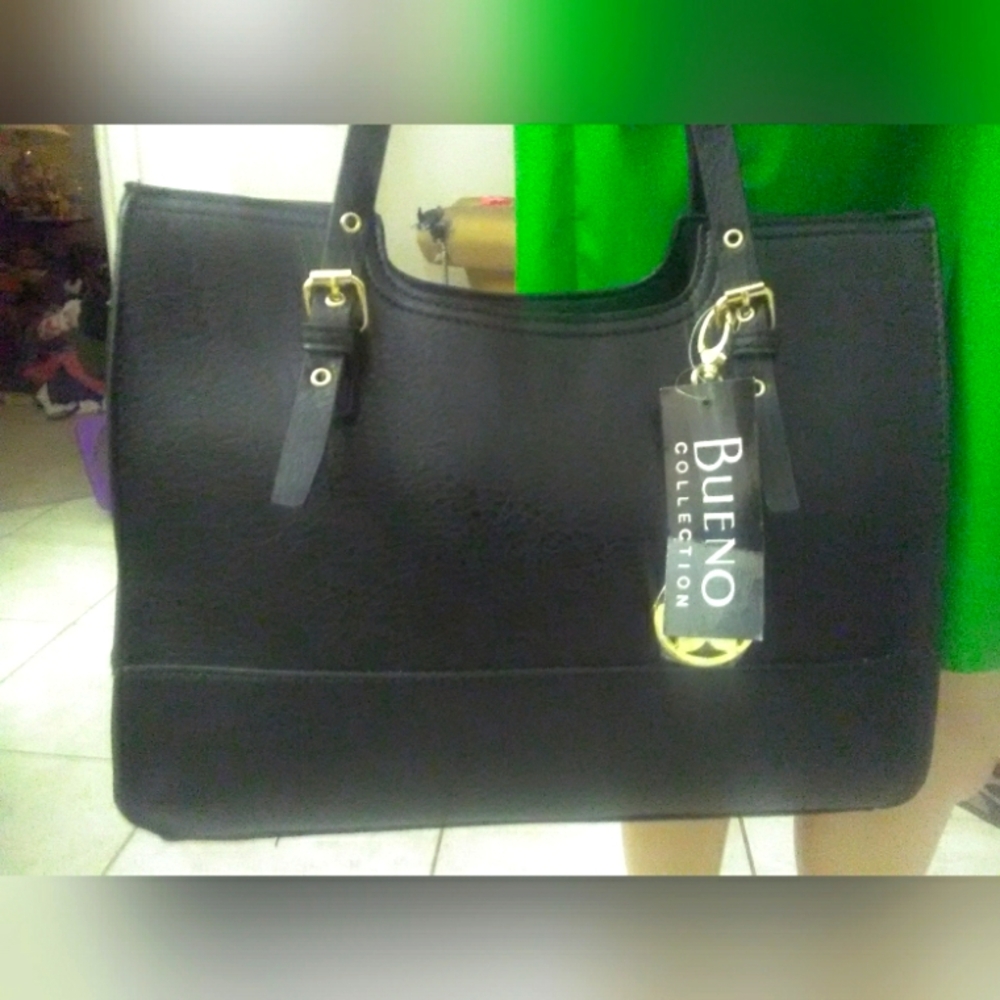 BNWT BUENO Black Women's Bag LARGER ADJ. STRAPS 2 COMPARTMENTS VEGAN LEATHER